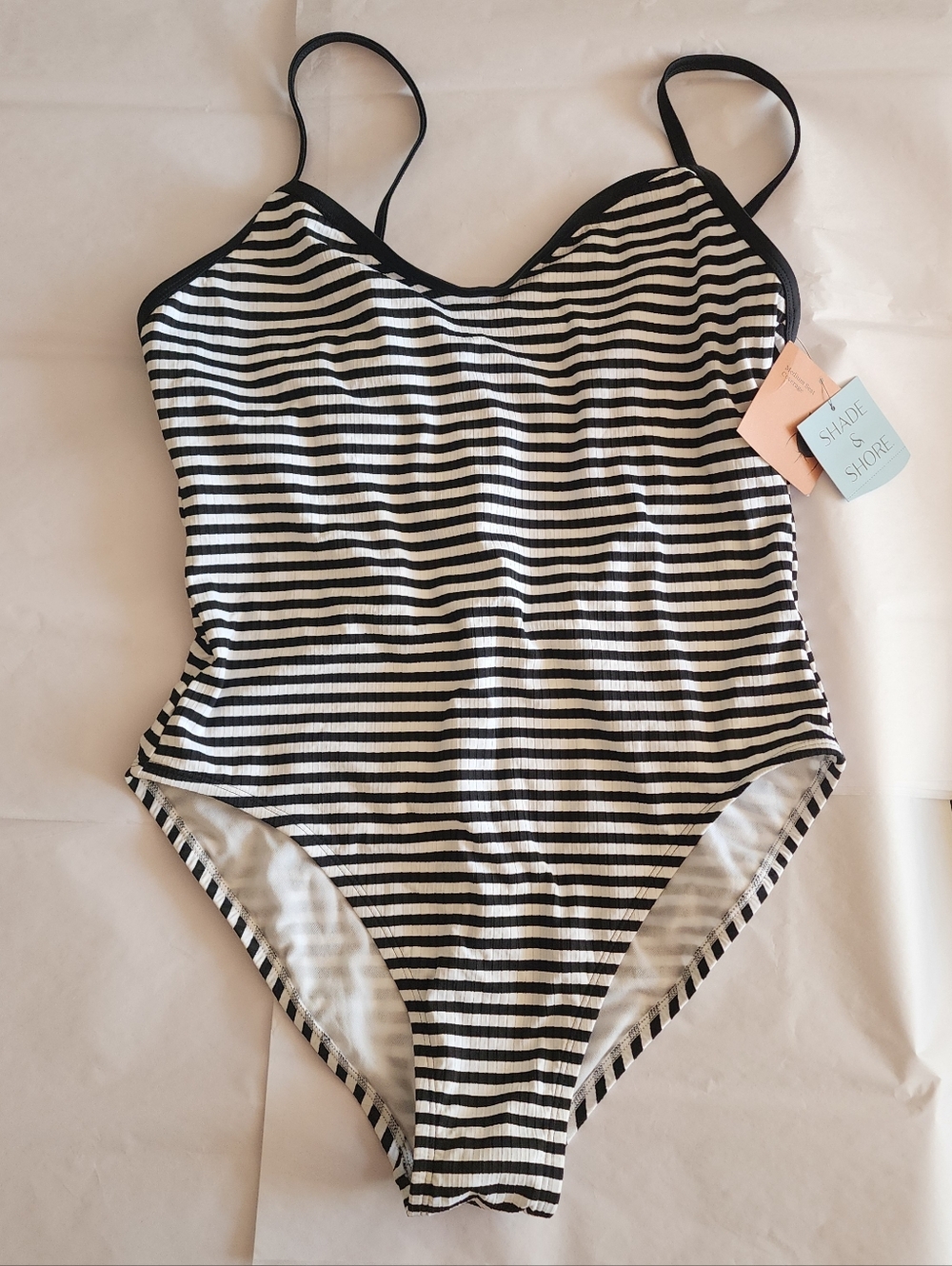 Shade & Shore Black And White Stripped Swimsuit One Piece Large Nwt Nautical